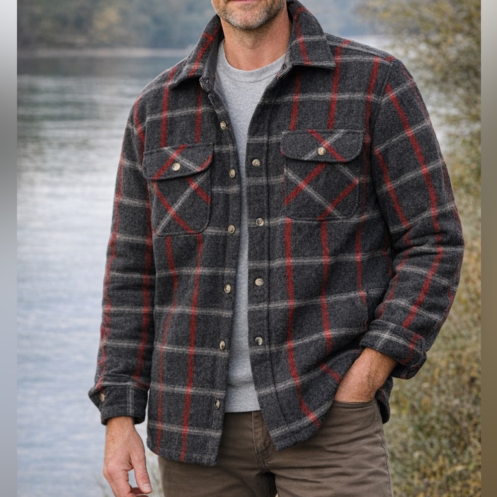 Briggs Quilted Wool Plaid Shirt Jacket Flannel Gray Red Lined Men’s M